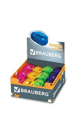 Точилка BRAUBERG "Shuttle", с контейнером, эллиптическая, ассорти, в картонном дисплее, 222505