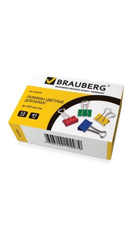 Зажимы для бумаг BRAUBERG, комплект 12 шт., 41 мм, на 200 л., цветные, в картонной коробке, 224473