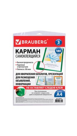 Карманы самоклеящиеся BRAUBERG, комплект 3 шт., А4, 223х303 мм, на любую поверхность, 224075