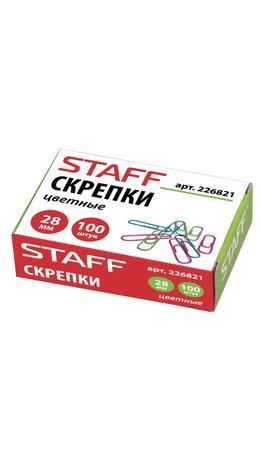Скрепки STAFF, 28 мм, цветные, 100 шт., в картонной коробке, 226821
