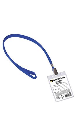 Бейдж BRAUBERG, 90х60 мм, вертикальный, на синей ленте 45 см, 235698