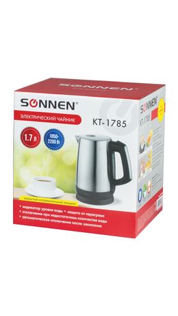 Чайник SONNEN KT-1785, 1,7 л, 2200 Вт, закрытый нагревательный элемент, нержавеющая сталь, 453420