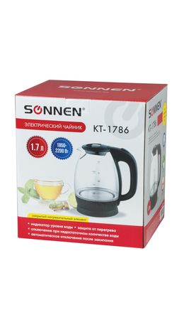 Чайник SONNEN KT-1786, 1,7 л, 2200 Вт, закрытый нагревательный элемент, стекло, 453422