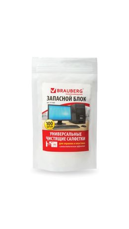 Чистящие салфетки для экранов и пластика (запасной блок) BRAUBERG, 100 шт., влажные, 511685