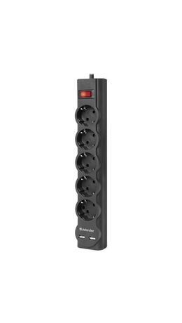 Сетевой фильтр DEFENDER DFS 753, 5 розеток, 2 разъема USB, 3 м, черный, 99753
