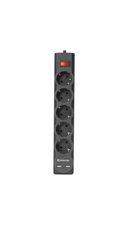 Сетевой фильтр DEFENDER DFS 753, 5 розеток, 2 разъема USB, 3 м, черный, 99753