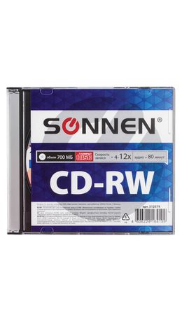 Диск CD-RW SONNEN, 700 Mb, 4-12x, Slim Case (1 штука), 512579