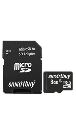Карта памяти micro SDHC, 8 GB, SMARTBUY, 10 Мб/сек. (class 10), с адаптером, SB8GBSDCL10-01