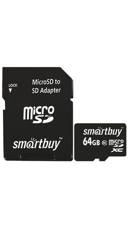 Карта памяти micro SDXC, 64 GB, SMARTBUY, 10 Мб/сек. (class 10), с адаптером, SB64GBSDCL10-01