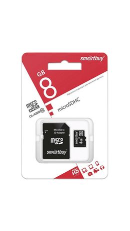 Карта памяти micro SDHC, 8 GB, SMARTBUY, 10 Мб/сек. (class 10), с адаптером, SB8GBSDCL10-01