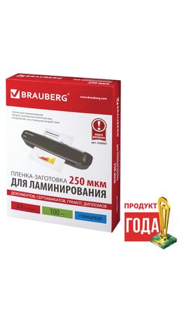 Пленки-заготовки для ламинирования BRAUBERG, комплект 100 шт., для формата А4, 250 мкм, 530897