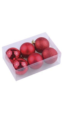 Шары елочные ЗОЛОТАЯ СКАЗКА, набор 6 шт., пластик, 8 см, красные (глянец, матовый, глиттер), 590873