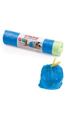 Мешки для мусора 30 л, завязки, синие, в рулоне 20 шт., ПНД, 12 мкм, 50х60 см (±5%), прочные, ЛАЙМА, 601395
