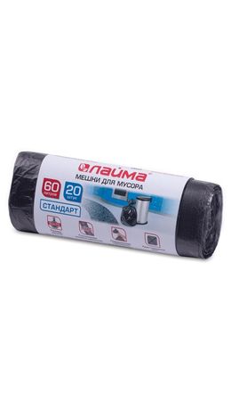 Мешки для мусора 60 л, черные, в рулоне 20 шт., ПНД, 10 мкм, 60х70 см (±5%), стандарт, ЛАЙМА, 601381