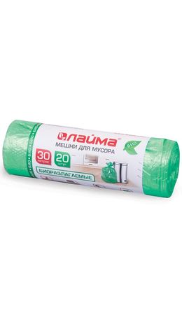 Мешки для мусора 30 л, БИОРАЗЛАГАЕМЫЕ, зеленые, в рулоне 20 шт., ПНД, 10 мкм, 50х60 см (±5%), прочные, ЛАЙМА, 601400