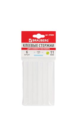 Клеевые стержни, диаметр 11 мм, длина 100 мм, прозрачные, комплект 6 шт., BRAUBERG, европодвес, 670293